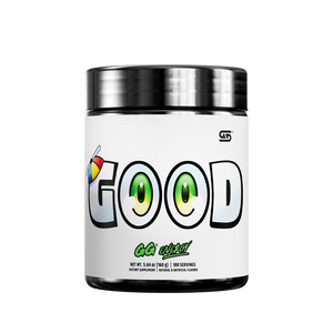 Black and silver supplement container showing detailed white label with supplement facts and usage instructions.