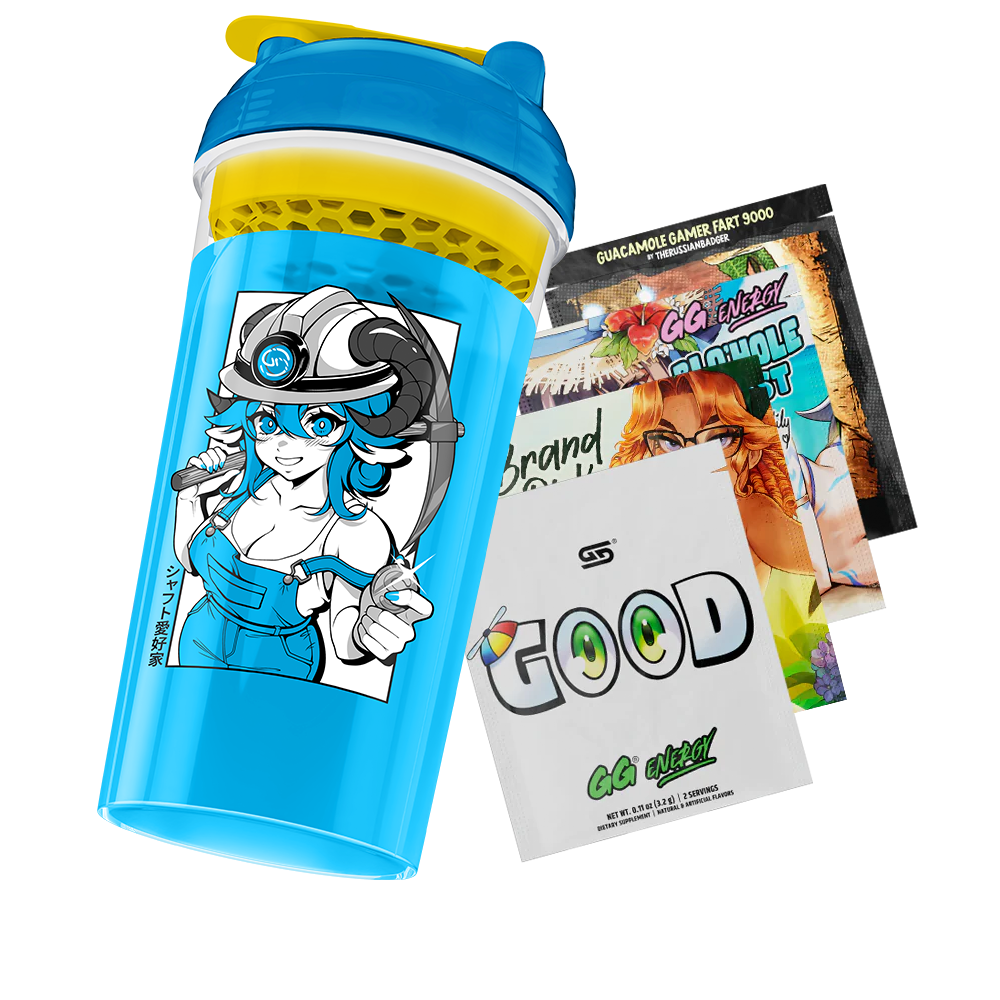 shylily double date shaker tilted right over four free gamer supps sample packs