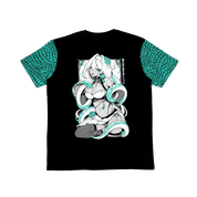 Black t-shirt with turquoise scale patterned sleeves and unique design on the back