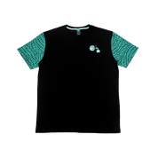 Black t-shirt with turquoise scale patterned sleeves and white design on the back
