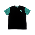 Black t-shirt with turquoise scale patterned sleeves and white design on the back