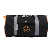 Black duffel bag with orange accents and a cat face design