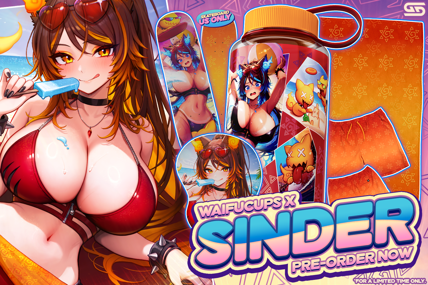 Promotional graphic for a WaifuCups x Sinder pre-order collaboration, featuring anime artwork of a woman in a red bikini holding a popsicle, a illustrated water bottle with matching artwork, and large stylized text reading 'WAIFUCUPS X SINDER PRE-ORDER NOW'.