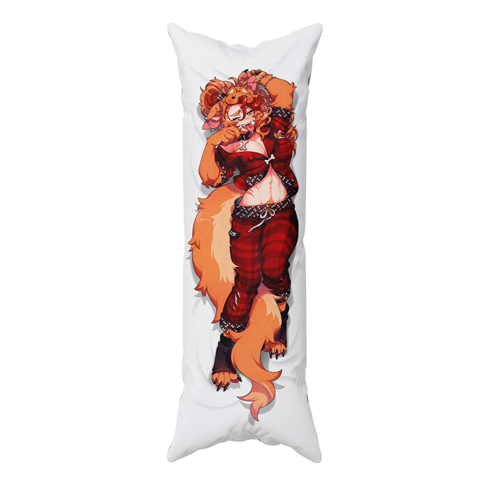 A long white body pillow featuring a detailed anime-style illustration of an orange-furred character in a red outfit, shown against a plain white background.