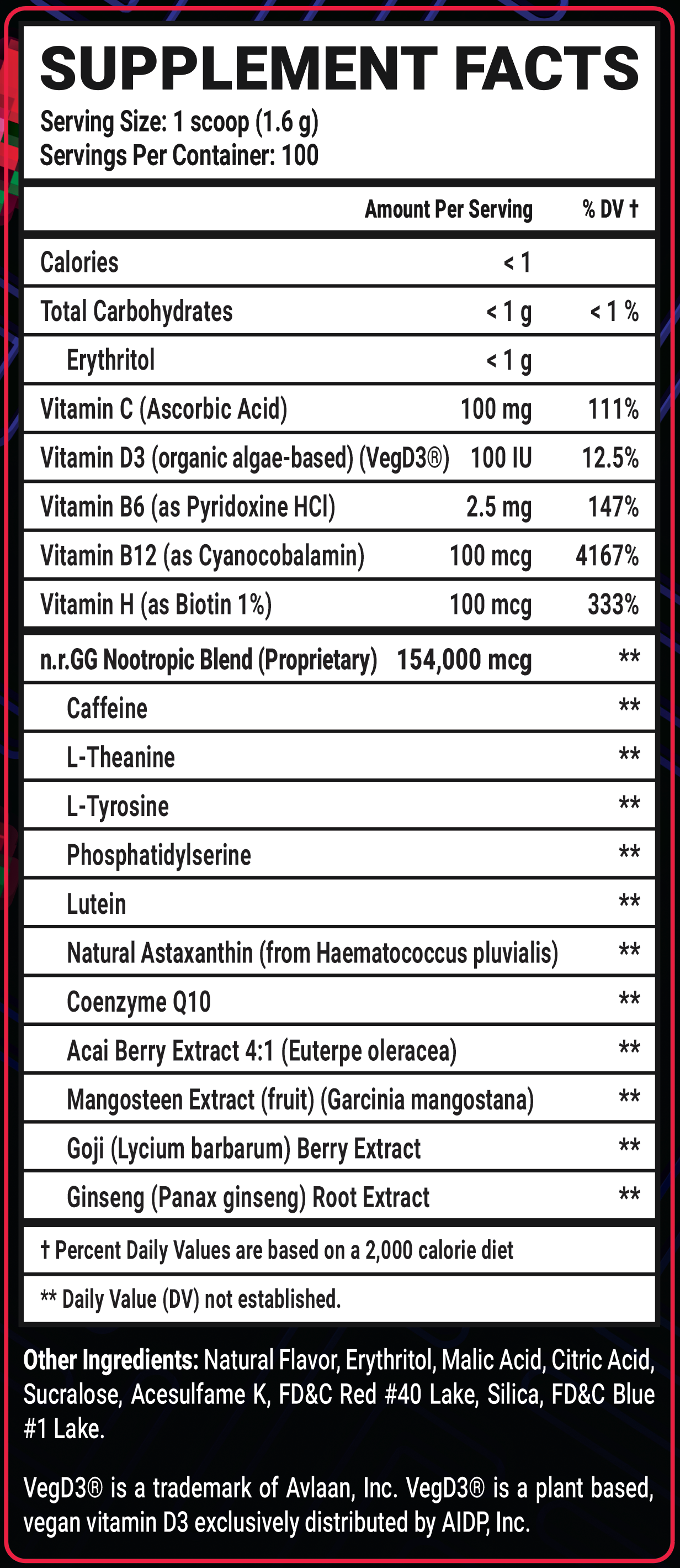 Black Cherry - 100 Servings Nutrition Chart