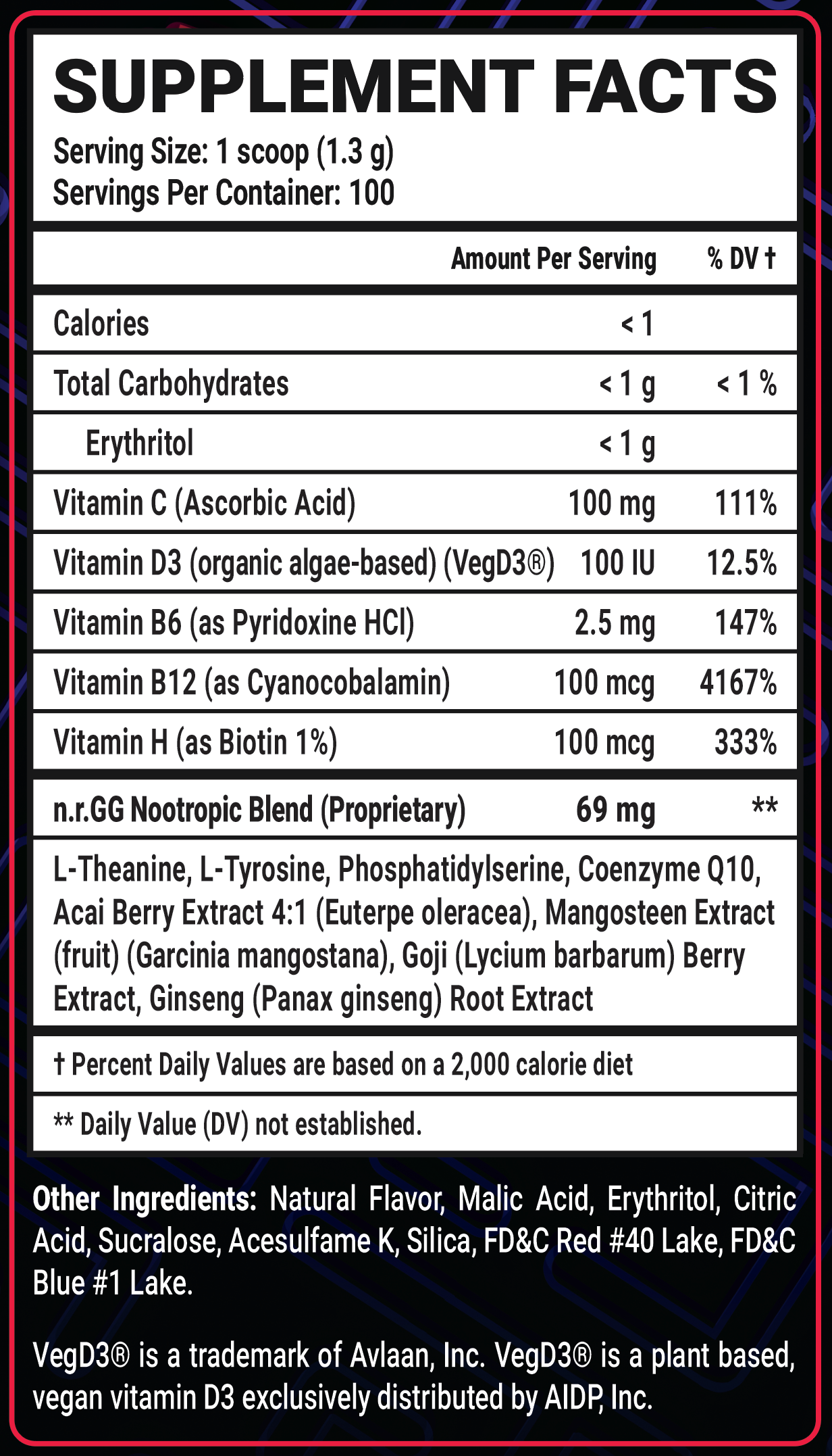 Black Cherry Caffeine Free - 100 Servings Nutrition Chart