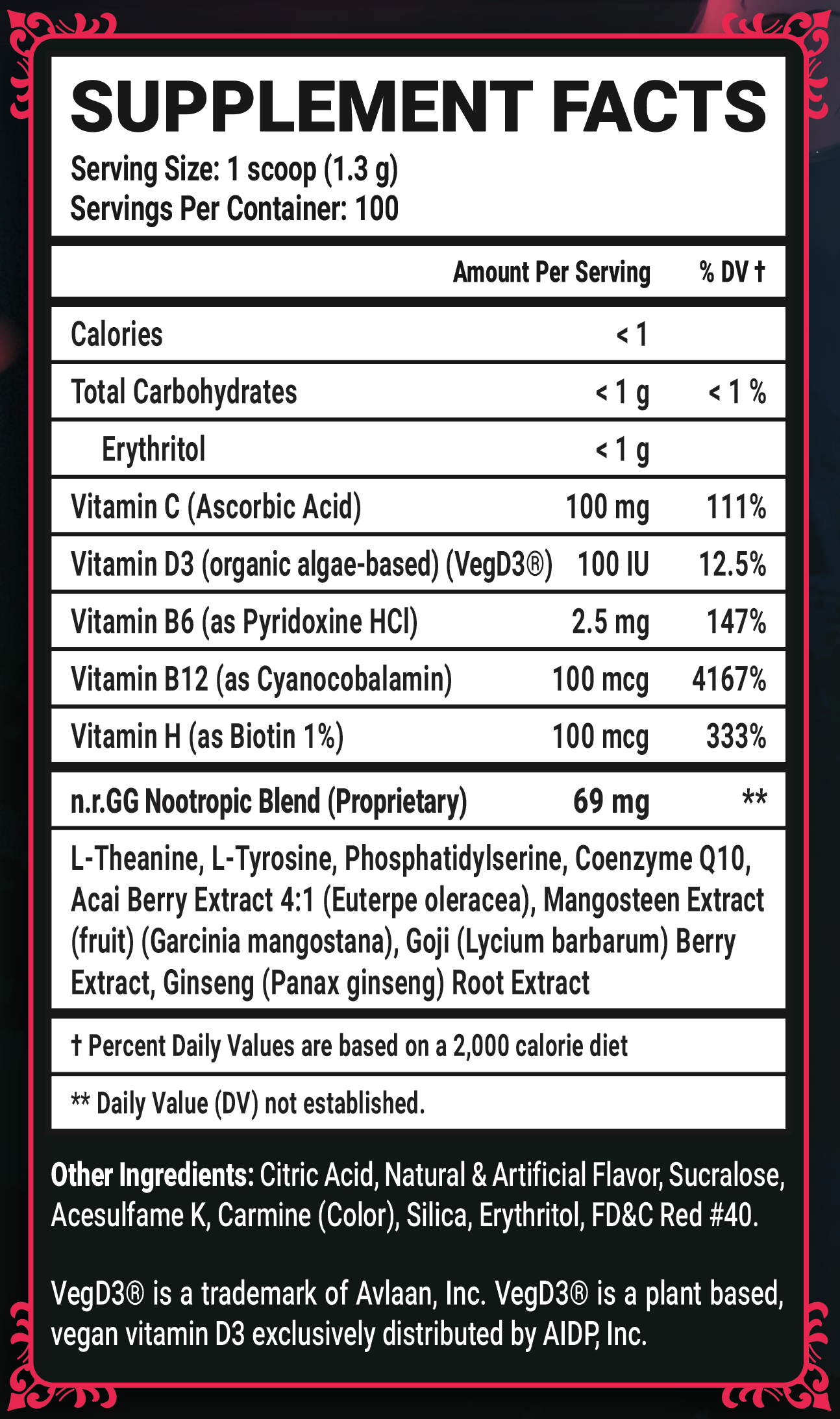 Crimson Moonburst by LordAethelstan Caffeine Free - 100 Servings Nutrition Chart