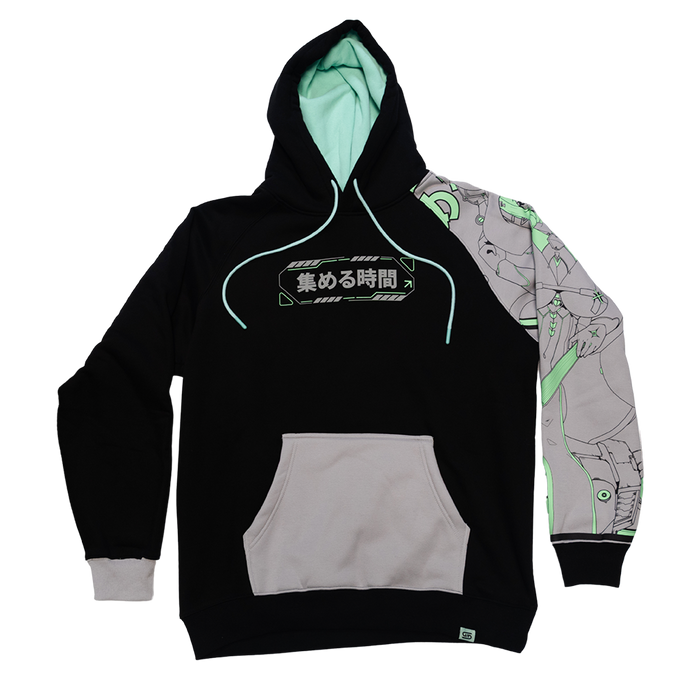 Black hoodie sizing chart showing measurements for sizes S to 6XL including length, sleeve, bust, and shoulder widths.
