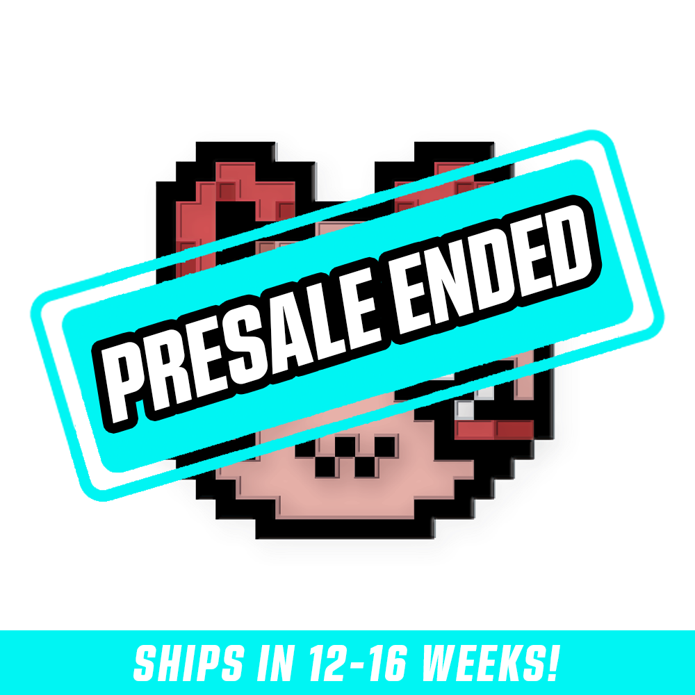 Pixelated pink shrimp face badge with red antennae and black-bordered white eyes in a cute expression.