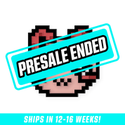 Pixelated pink shrimp face badge with red antennae and black-bordered white eyes in a cute expression.
