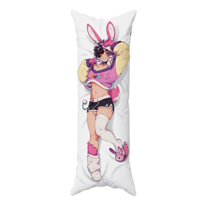 A long white body pillow featuring a printed anime-style illustration of a bunny-themed character in a pink and yellow outfit with black shorts, shown on a plain white background.
