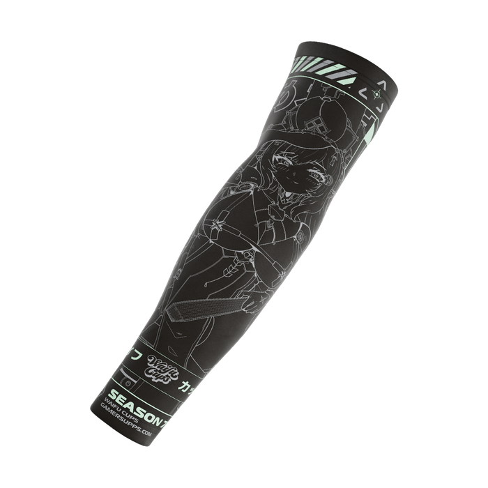 Black gaming sleeve featuring a detailed white line art of a futuristic anime-style female character with mint green accents.
