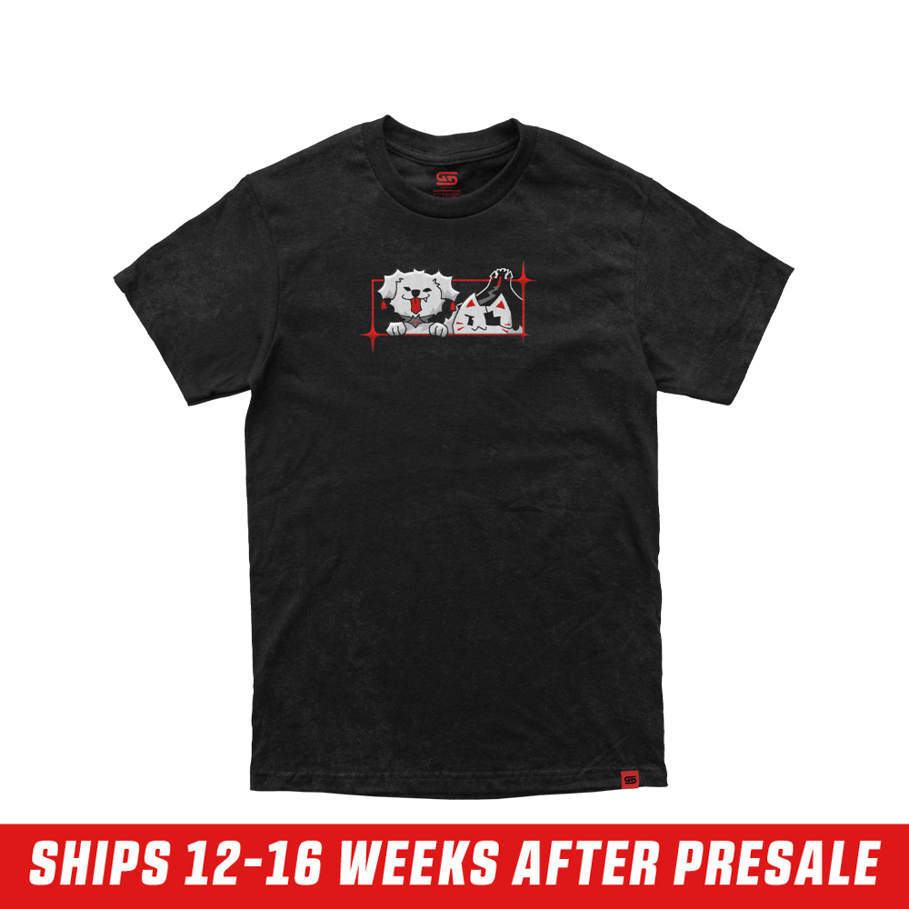 Front of Aethel and Nyanners Shirt showing graphic of a dog and a cat with an eyepatch with a red border around it. Red Hem Tag with Black Gamer Supps Logo.