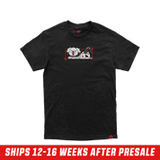 Front of Aethel and Nyanners Shirt showing graphic of a dog and a cat with an eyepatch with a red border around it. Red Hem Tag with Black Gamer Supps Logo.