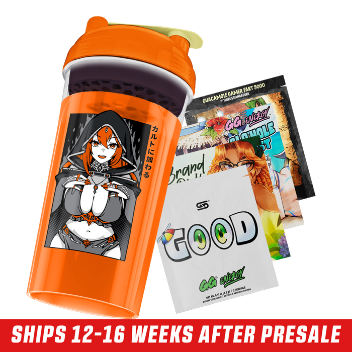 Bright orange shaker cup featuring an anime-style red-haired woman in a hooded cloak with Japanese text.