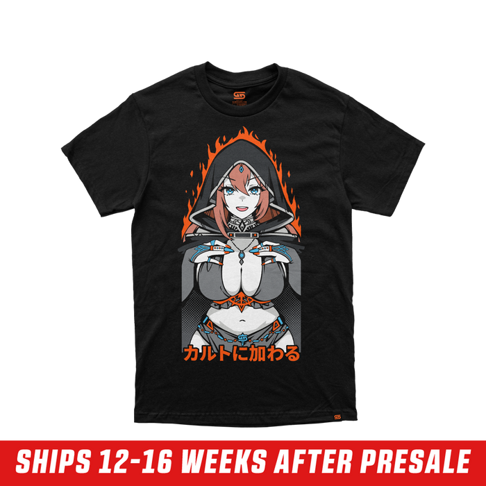 Black shirt with anime-style female character in a hood surrounded by orange flames and Japanese text below.