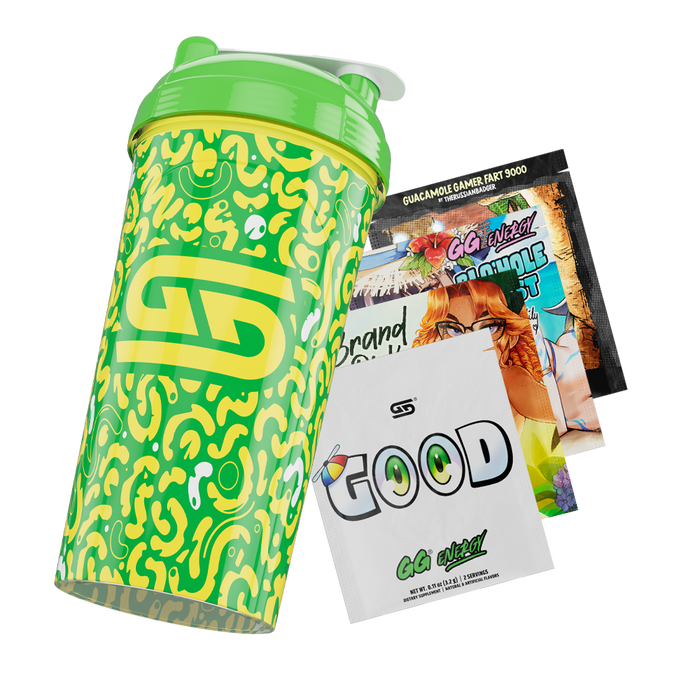Green and yellow abstract patterned shaker with a bright green lid and white "Gamer Supps" logo on the side.
