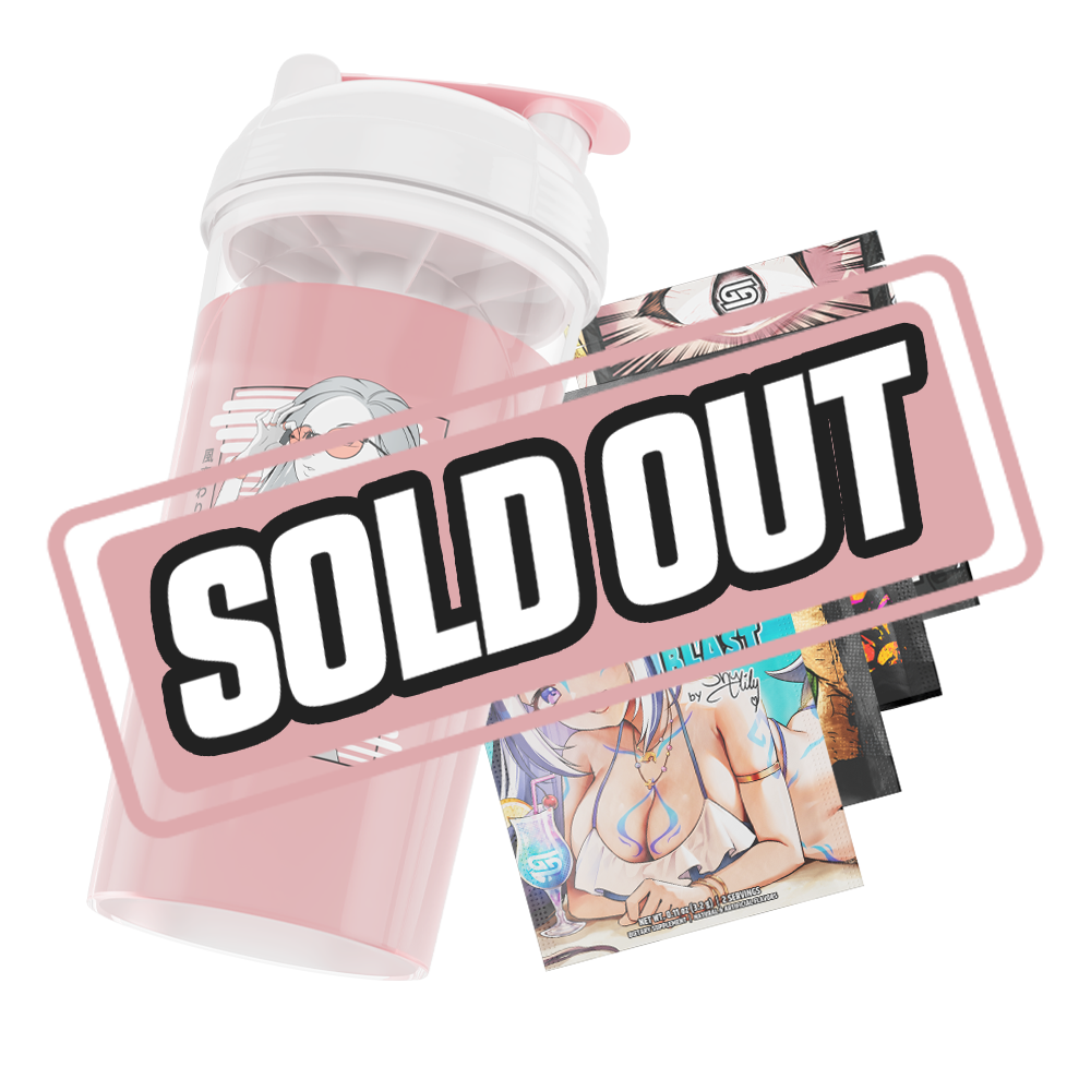 Clear plastic shaker cup with a white lid, pink flip cap, and bold black stylized "GD" logo on the side.