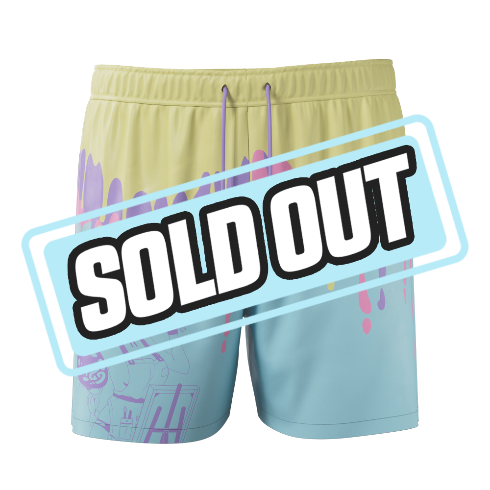 Pastel yellow and blue board shorts with pink and purple paint drip design and anime character graphic on leg