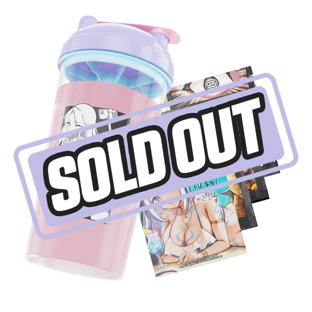 Clear plastic shaker cup with a lavender lid, pink flip cap, and a black stylized GD logo on the side.