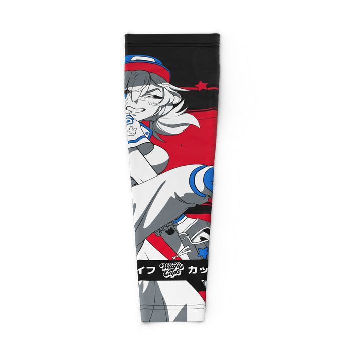 Black, red, and gray gaming sleeve featuring an anime-style character with blue accents and a baseball motif.