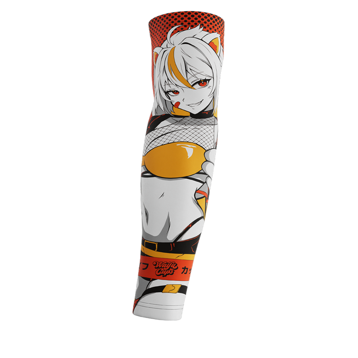 White-haired anime girl with cat ears in yellow and black outfit on orange and black gaming sleeve.