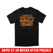 Black short-sleeve shirt with a small orange "G" and jungle leaf design on the left chest, size 6XL.