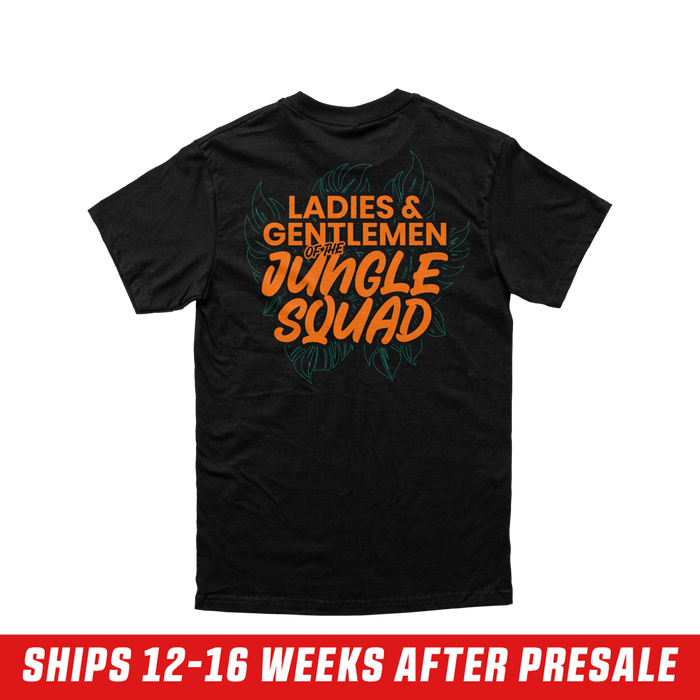 Black short-sleeve shirt with a small orange "G" and jungle leaf design on the left chest, size 6XL.