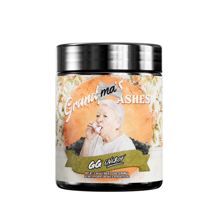 Black container with a floral label showing detailed nutrition facts and supplement directions in small text