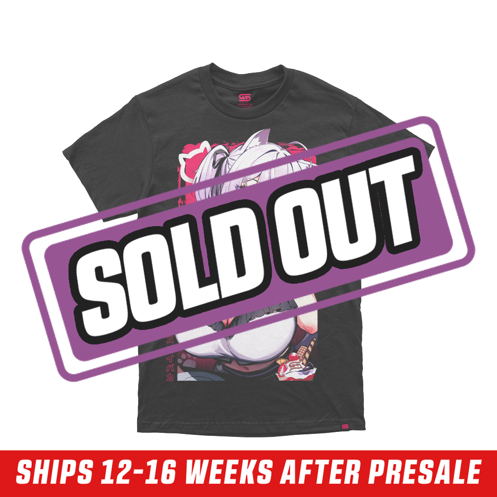Black 6XL shirt with a colorful anime girl in pink lingerie and cat ears framed by small plush toys and manga panels.