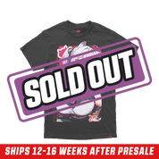 Black 6XL shirt with a colorful anime girl in pink lingerie and cat ears framed by small plush toys and manga panels.