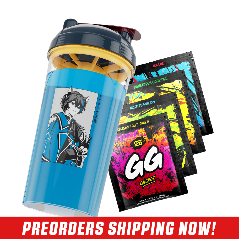 Clear shaker cup with black and yellow lid, featuring anime character with cat ears and Japanese text on the side.