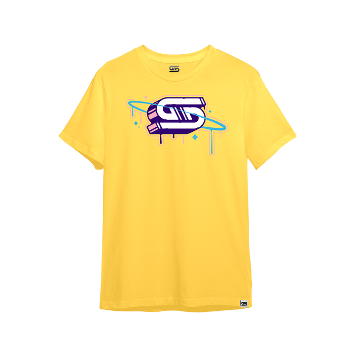 Bright pastel yellow oversized short-sleeve shirt with a plain back and crew neckline in 6XL size.
