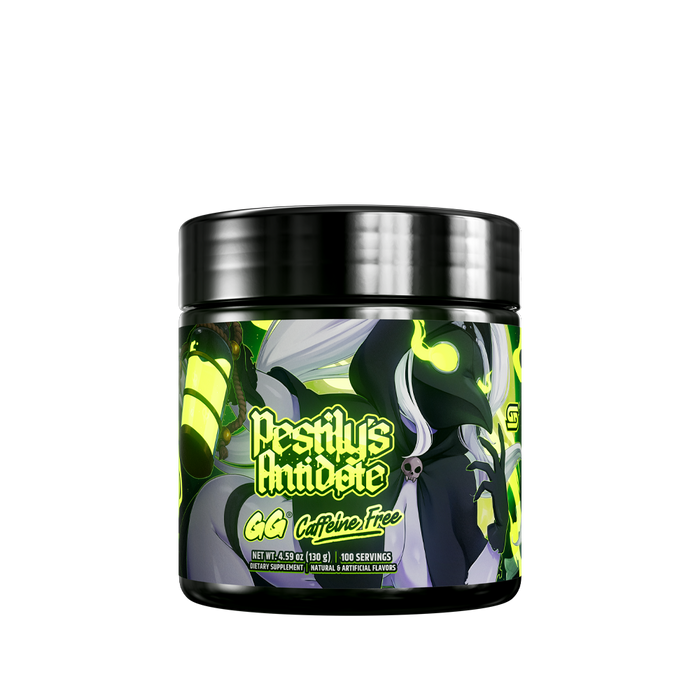 Black container with detailed white and yellow supplement facts label and green accents on the sides