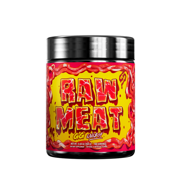 Black container with red and yellow label showing detailed nutritional facts and usage instructions for supplement powder.