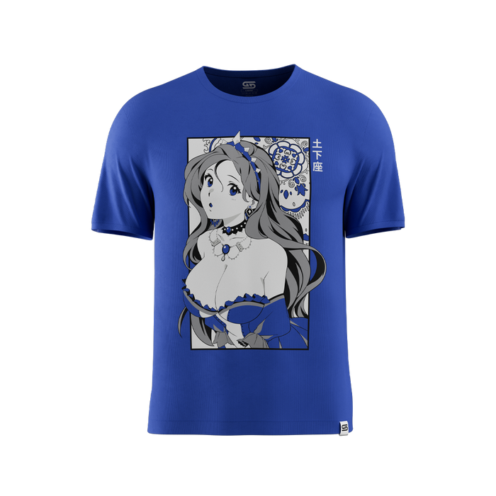Royal blue shirt with anime-style woman wearing a blue dress and choker, framed by decorative patterns and Japanese text.