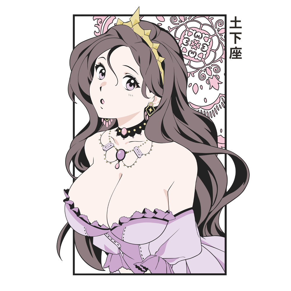 Anime-style purple-haired woman wearing a yellow crown and lavender frilled dress with jewelry on a clear vinyl decal