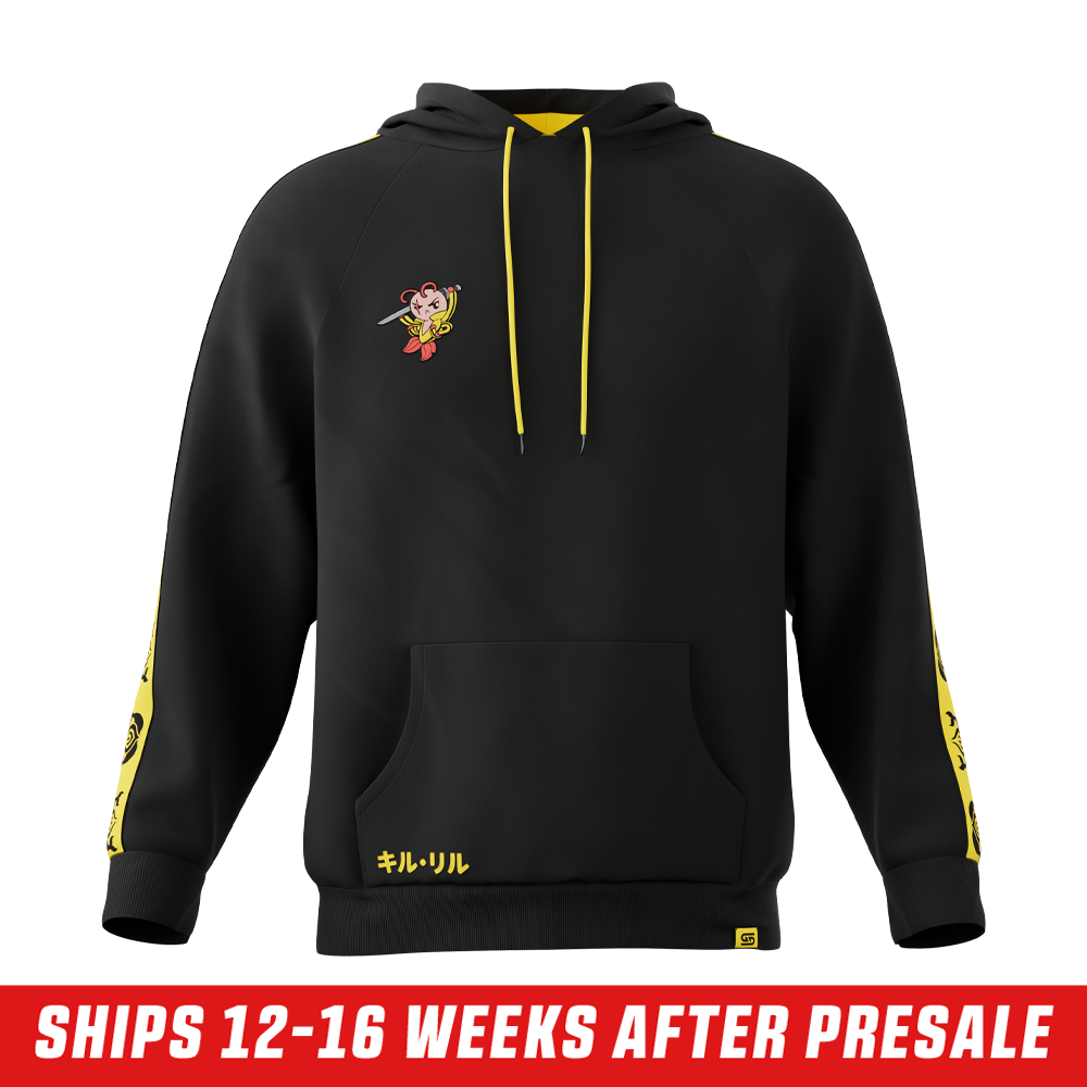 Black hoodie with yellow stripe featuring black abstract symbols running down the sleeve and a yellow drawstring.