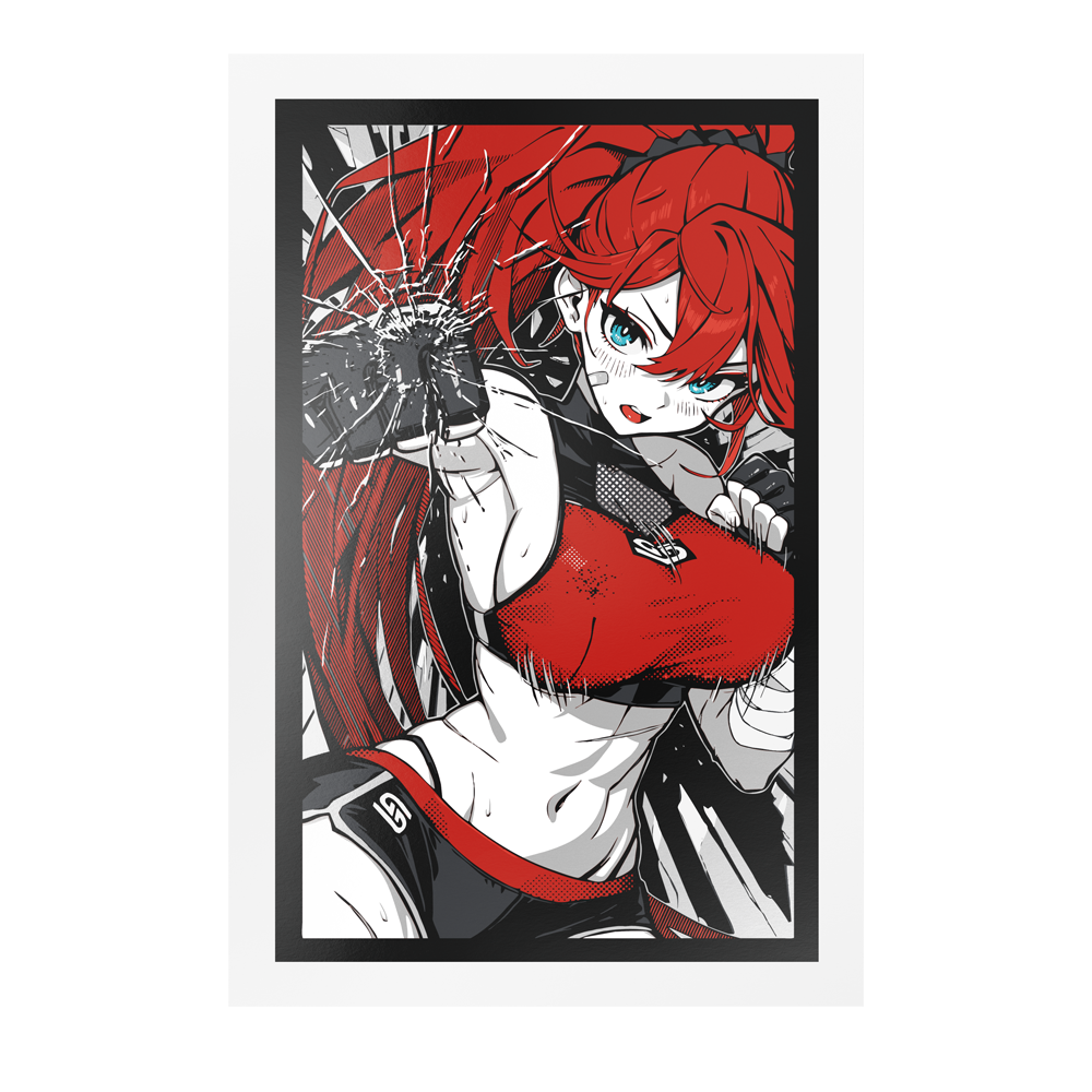 Red-haired anime character in black gloves punching through glass with intense blue eyes and a red outfit.