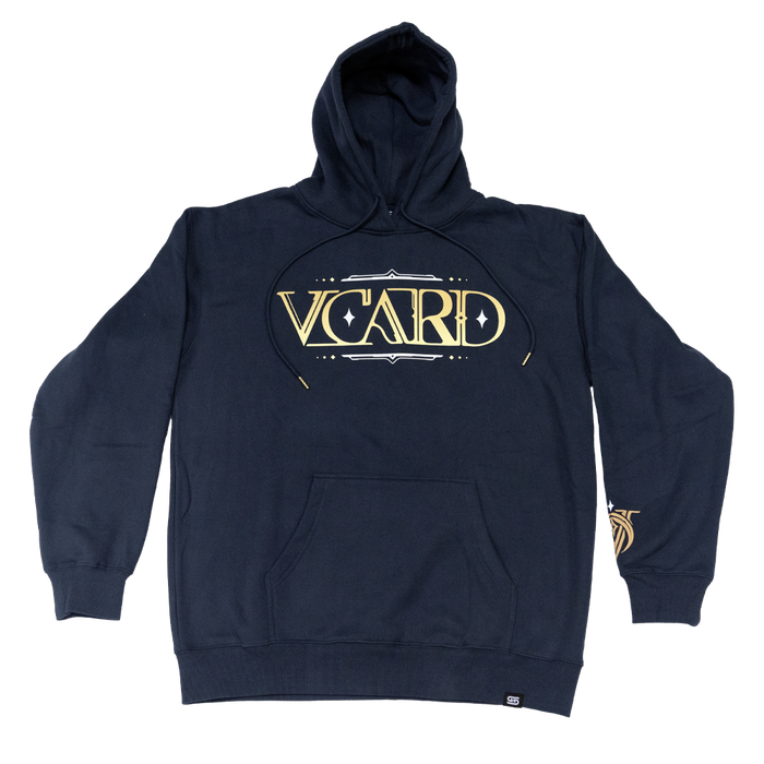 Navy blue oversized hoodie with ribbed cuffs and hem, featuring a small gold embroidered detail on the left sleeve.
