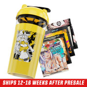 Clear shaker cup with a yellow lid and black and white intertwined GD logo on the side