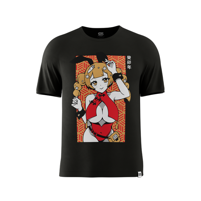 Black short-sleeve t-shirt in 6XL size shown from the back with a plain, smooth fabric texture.