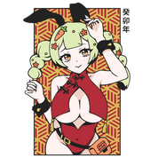 Anime-style character with green hair, black bunny ears, and a red outfit on a yellow geometric background.