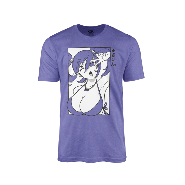 Purple shirt with a black and white anime girl making a peace sign and Japanese text on the right side.