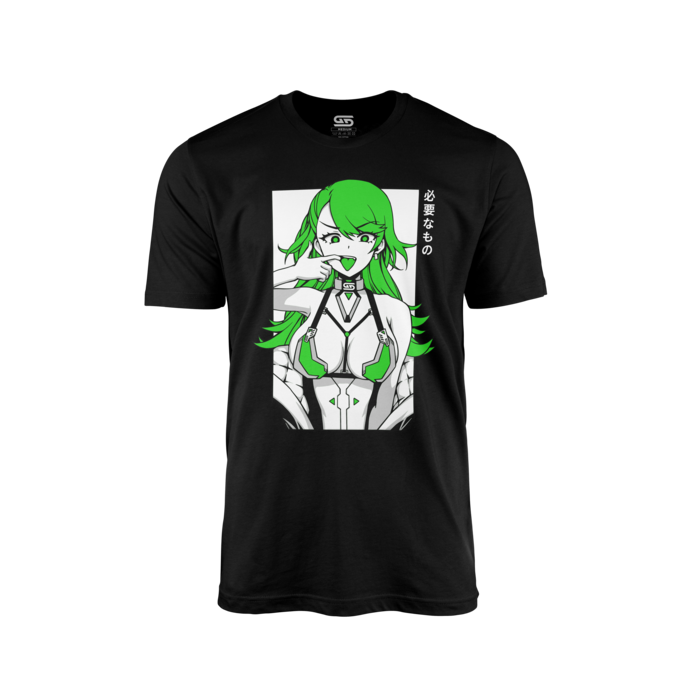 Black shirt with a green-haired anime girl in a futuristic outfit and Japanese text on the right side.