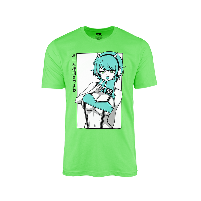 Bright green shirt featuring a teal-haired anime girl with headphones and Japanese text on the left side.