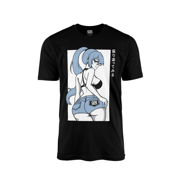Black shirt with anime-style girl with blue hair in a ponytail wearing a black top and blue shorts, Japanese text on side.