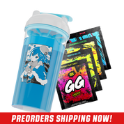 Blue shaker cup with anime girl in winter outfit and four colorful GG Energy drink packets behind it