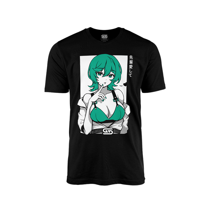 Black shirt with a teal-haired anime woman in a teal top and white jacket, with Japanese text on the side.